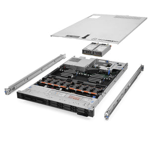 1U 8-Bay PowerEdge R640 2.5'' quarter turn view with lid raised to show interior components, with 2 PSUs and rail kit
