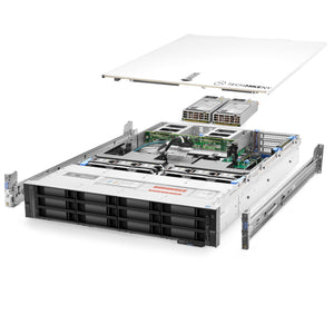 2U 12-Bay PowerEdge R740xd 3.5'' quarter turn view with lid raised to show interior components, with 2 PSUs and rail kit