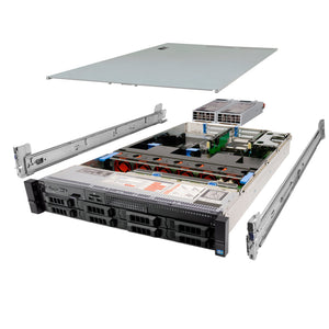 2U 8-Bay PowerEdge R730 3.5'' quarter turn view with lid raised to show interior components, with 2 PSUs and rail kit