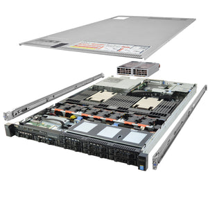 1U 8-Bay PowerEdge R630 2.5'' quarter turn view with lid raised to show interior components, with 2 PSUs and rail kit