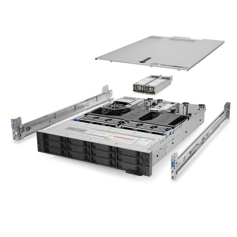 2U 12-Bay PowerEdge R750xs 3.5'' SAS \/ SATA quarter turn view with lid raised to show interior components, with 2 PSUs and rail kit TM-750xs-SAP-072