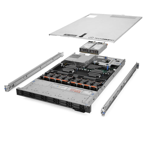 1U 10-Bay PowerEdge R640 2.5'' SAS \/ SATA quarter turn view with lid raised to show interior components, with 2 PSUs and rail kit TM-SAP-640-508