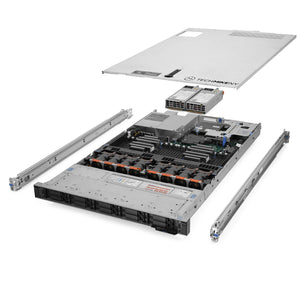 1U 10-Bay PowerEdge R640 2.5'' quarter turn view with lid raised to show interior components, with 2 PSUs and rail kit