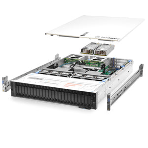 2U 24-Bay PowerEdge R740xd 12x 2.5'' NVMe quarter turn view with lid raised to show interior components, with 2 PSUs and rail kit