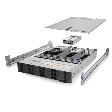 2U 12-Bay PowerEdge R750xs 3.5'' SAS \/ SATA quarter turn view with lid raised to show interior components, with 2 PSUs and rail kit TM-750xs-SAP-072